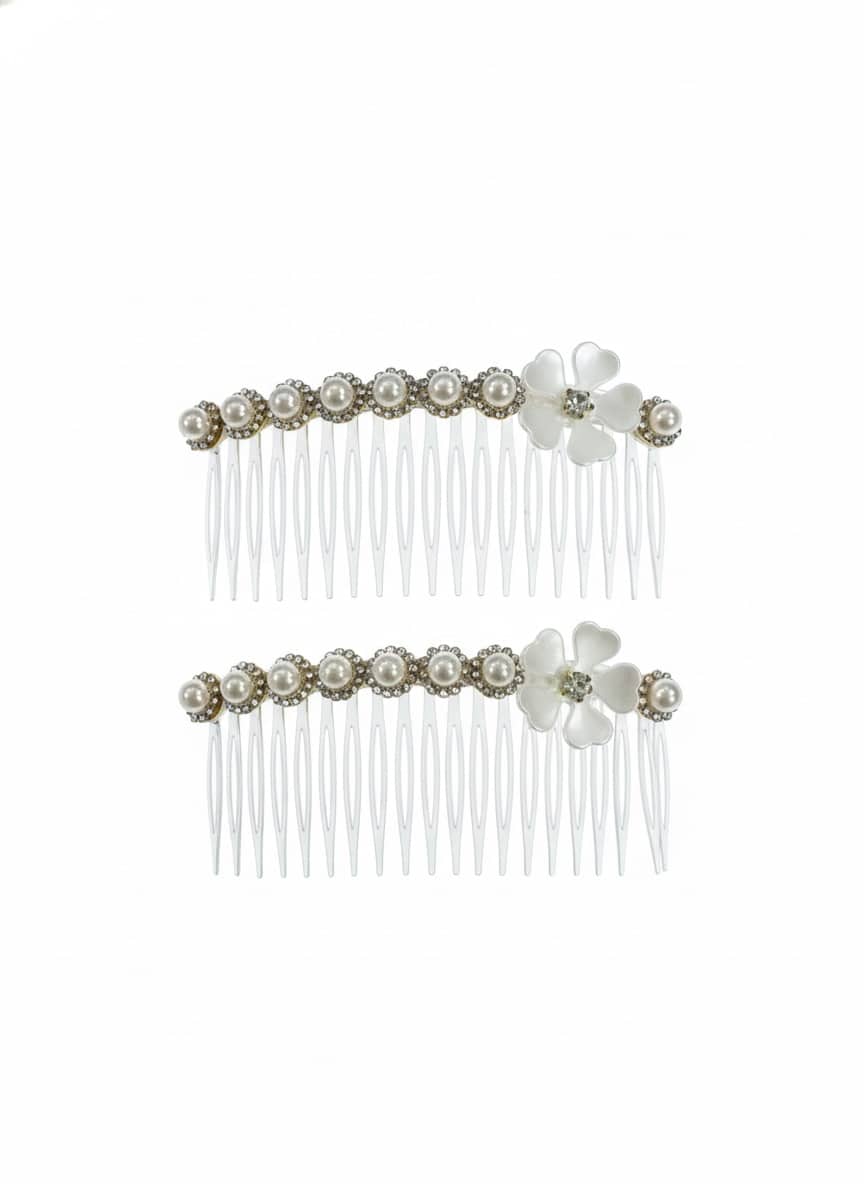Peinetas Plasticas Decoradas con Perlas y Flor 2 Unidades 9cms